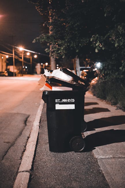 A black wheelie bin labeled with 'St. John's' placed on a quiet street at night, positioned on the edge of the pavement next to a strip of grass and a row of dark bushes. The bin is filled with a mix 